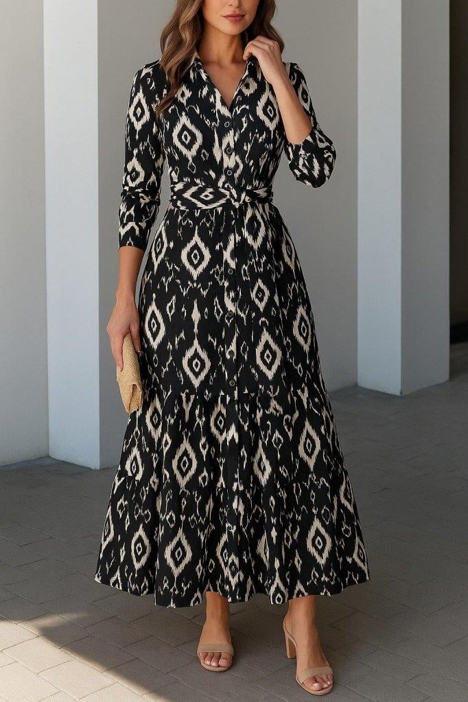 Kadın Uzun Kollu Eteği Fırfırlı Beli Kuşaklı Trikoton Tam Boy Gömlek Elbise