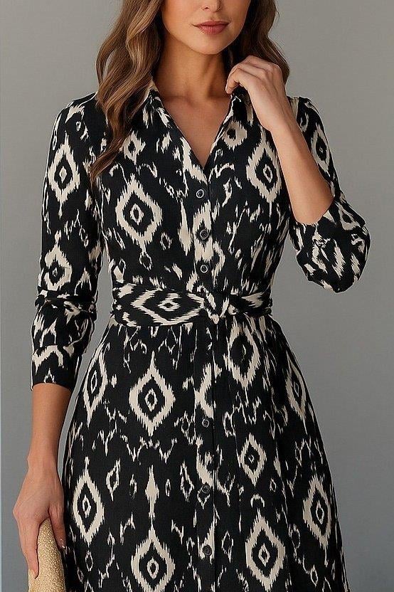 Kadın Uzun Kollu Eteği Fırfırlı Beli Kuşaklı Trikoton Tam Boy Gömlek Elbise