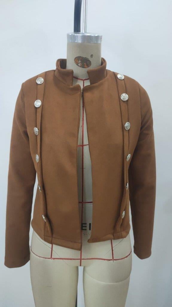 Kadın Uzun Kollu Hakim Yaka Yanlardan Düğmeli Kısa Süet Ceket