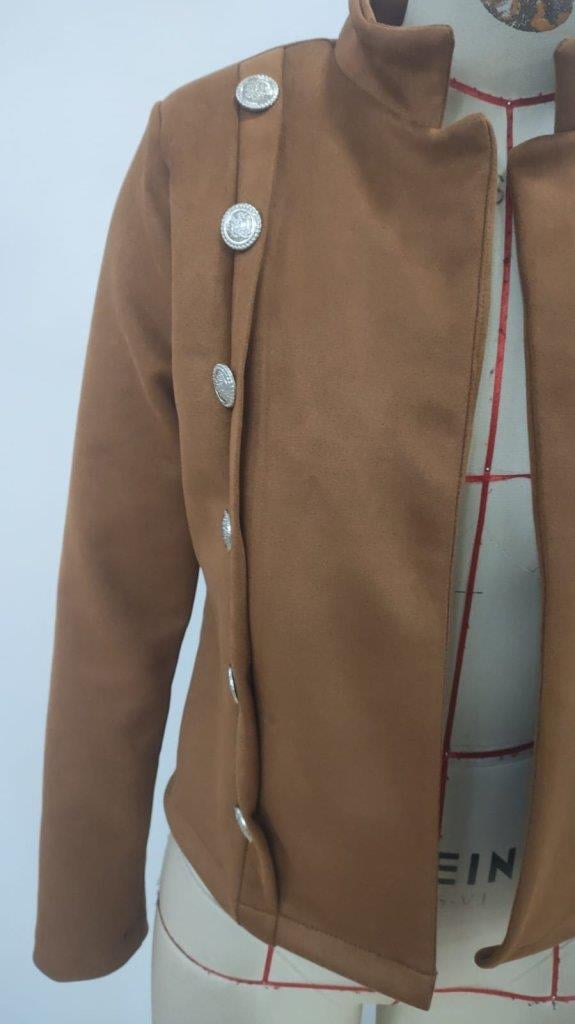 Kadın Uzun Kollu Hakim Yaka Yanlardan Düğmeli Kısa Süet Ceket