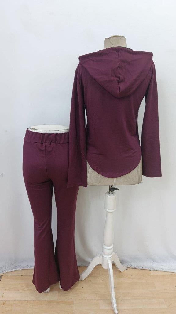 Kadın Uzun Kollu Kapşonlu Bağcıklı önü Fermuarlı Viskon Iki Iplik Bluz Ve Pantolon Ikili Takım