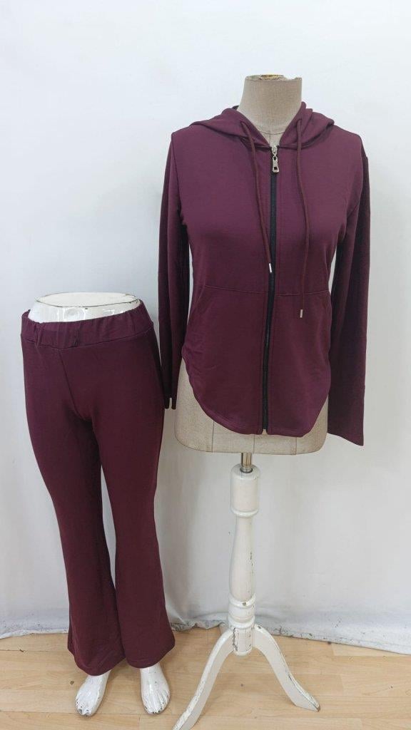 Kadın Uzun Kollu Kapşonlu Bağcıklı önü Fermuarlı Viskon Iki Iplik Bluz Ve Pantolon Ikili Takım