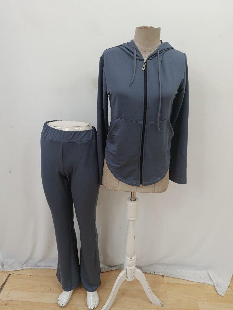 Kadın Uzun Kollu Kapşonlu Bağcıklı önü Fermuarlı Viskon Iki Iplik Bluz Ve Pantolon Ikili Takım