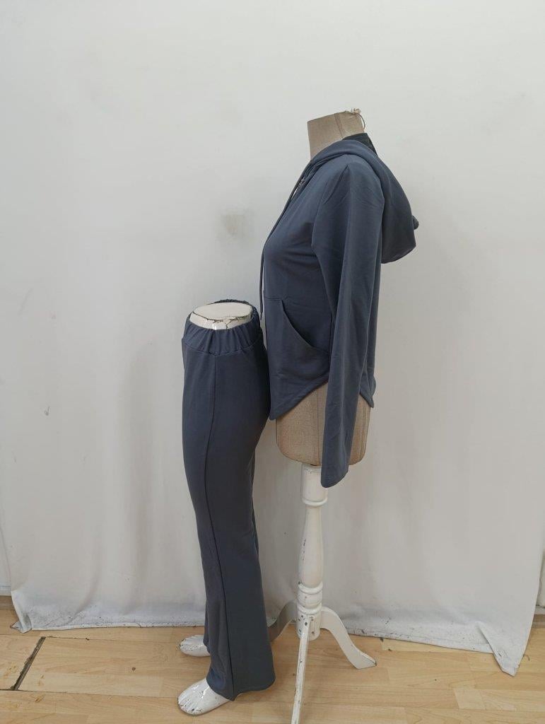 Kadın Uzun Kollu Kapşonlu Bağcıklı önü Fermuarlı Viskon Iki Iplik Bluz Ve Pantolon Ikili Takım