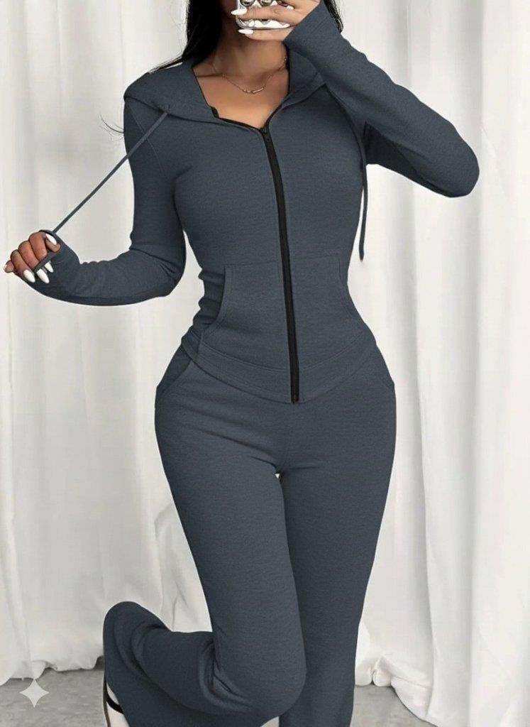 Kadın Uzun Kollu Kapşonlu Bağcıklı önü Fermuarlı Viskon Iki Iplik Bluz Ve Pantolon Ikili Takım