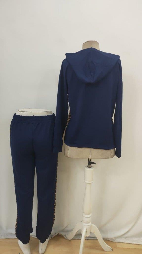 Kadın Uzun Kollu Kapşonlu Leopar Desen Detaylı Viskon Iki Iplik Bluz Ve Pantolon Ikili Takım