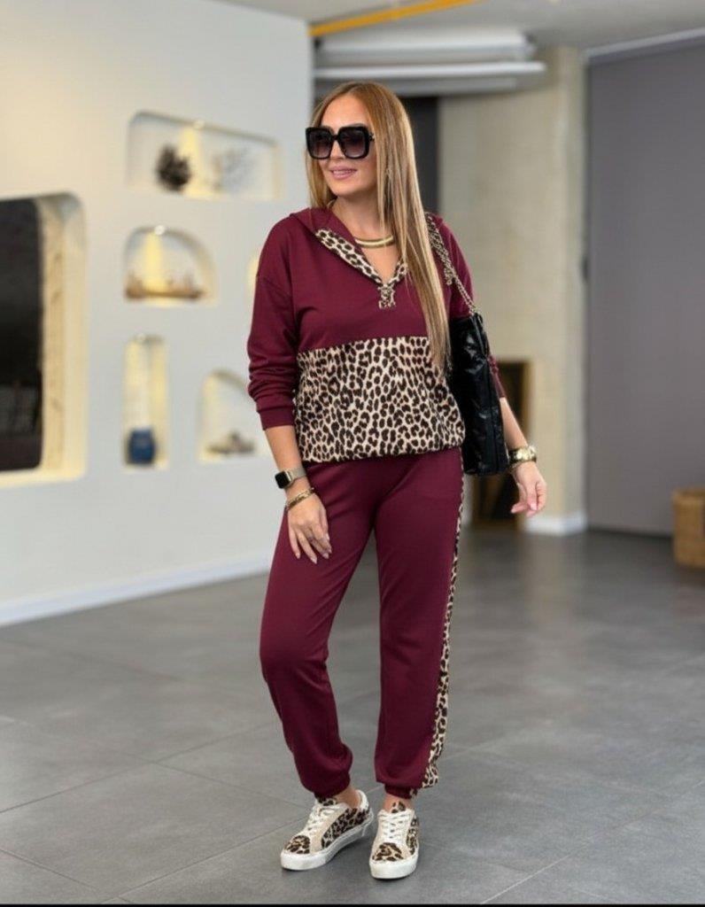 Kadın Uzun Kollu Kapşonlu Leopar Desen Detaylı Viskon Iki Iplik Bluz Ve Pantolon Ikili Takım