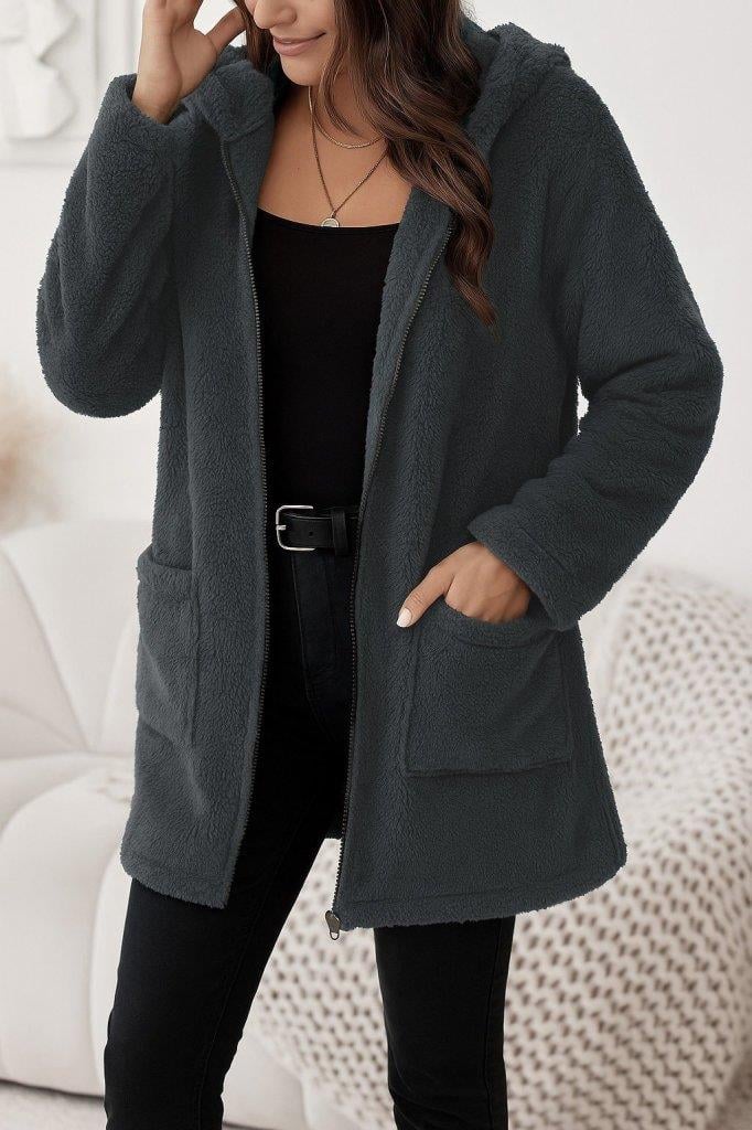 Kadın Uzun Kollu Kapşonlu önden Fermuarlı Cepli Welsoft Ceket