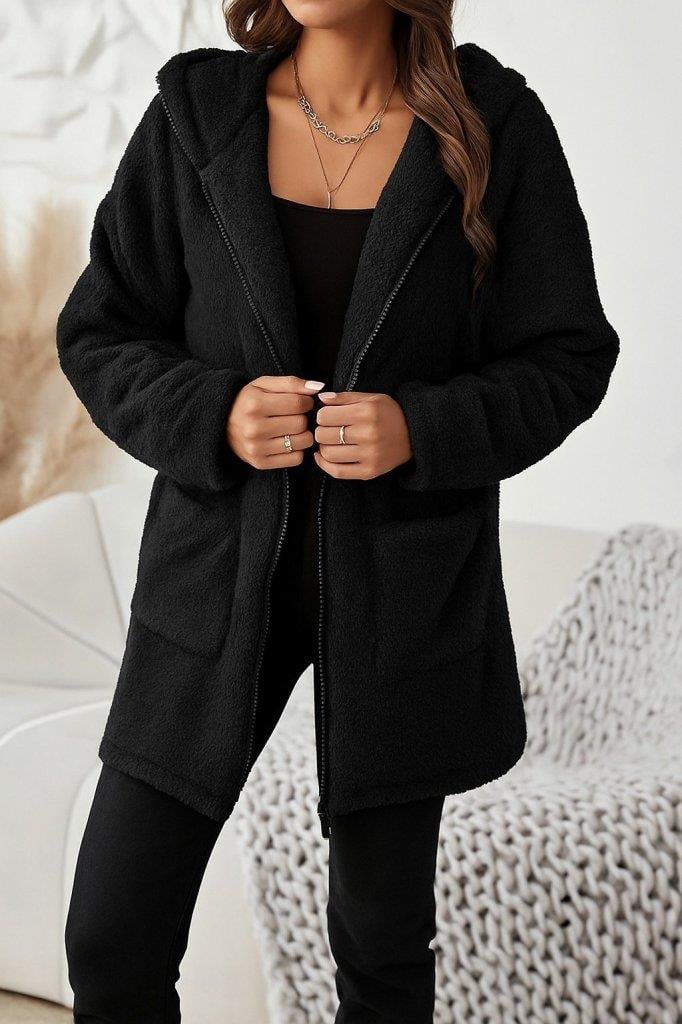 Kadın Uzun Kollu Kapşonlu önden Fermuarlı Cepli Welsoft Ceket