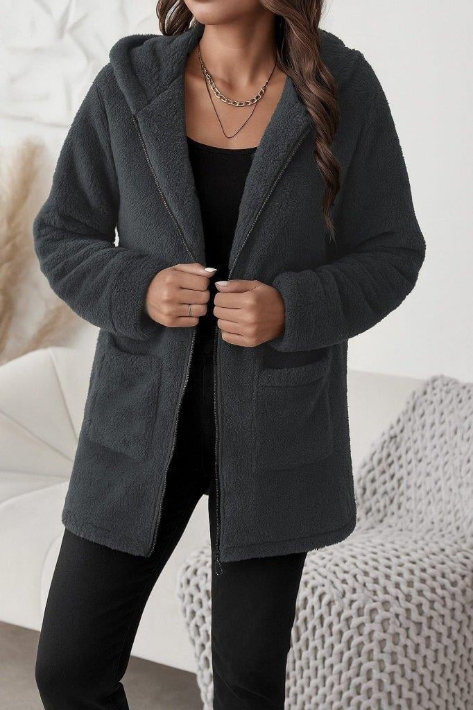 Kadın Uzun Kollu Kapşonlu önden Fermuarlı Cepli Welsoft Ceket