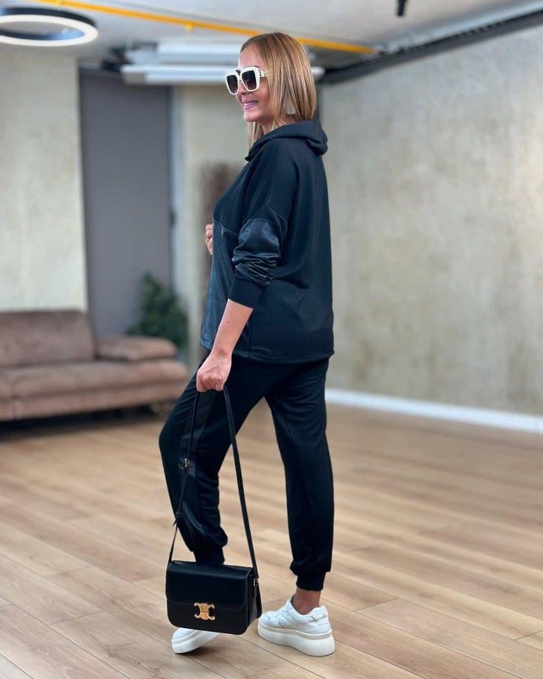 Kadın Uzun Kollu Kapşonlu Viskon Iki Iplik Bluz Ve Pantolon Ikili Takım