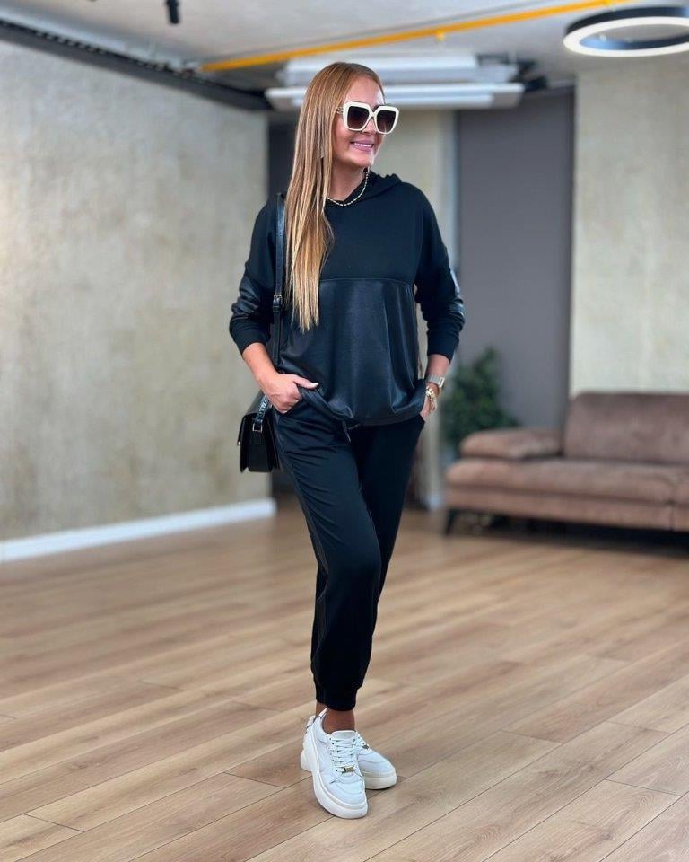 Kadın Uzun Kollu Kapşonlu Viskon Iki Iplik Bluz Ve Pantolon Ikili Takım