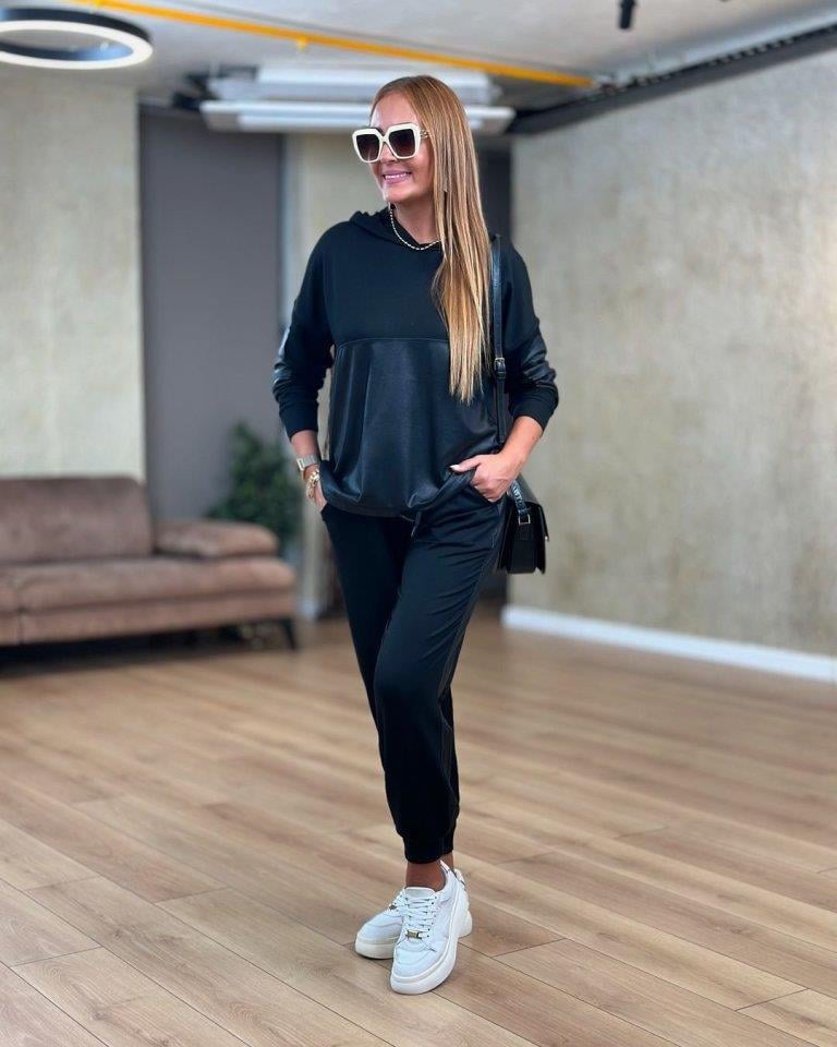 Kadın Uzun Kollu Kapşonlu Viskon Iki Iplik Bluz Ve Pantolon Ikili Takım