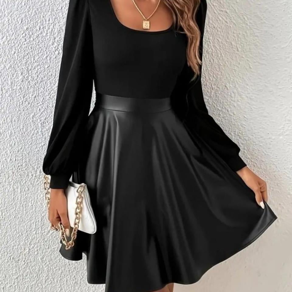 Kadın Uzun Kollu Kare Yaka üst Viskon Alt Deri Mini Elbise