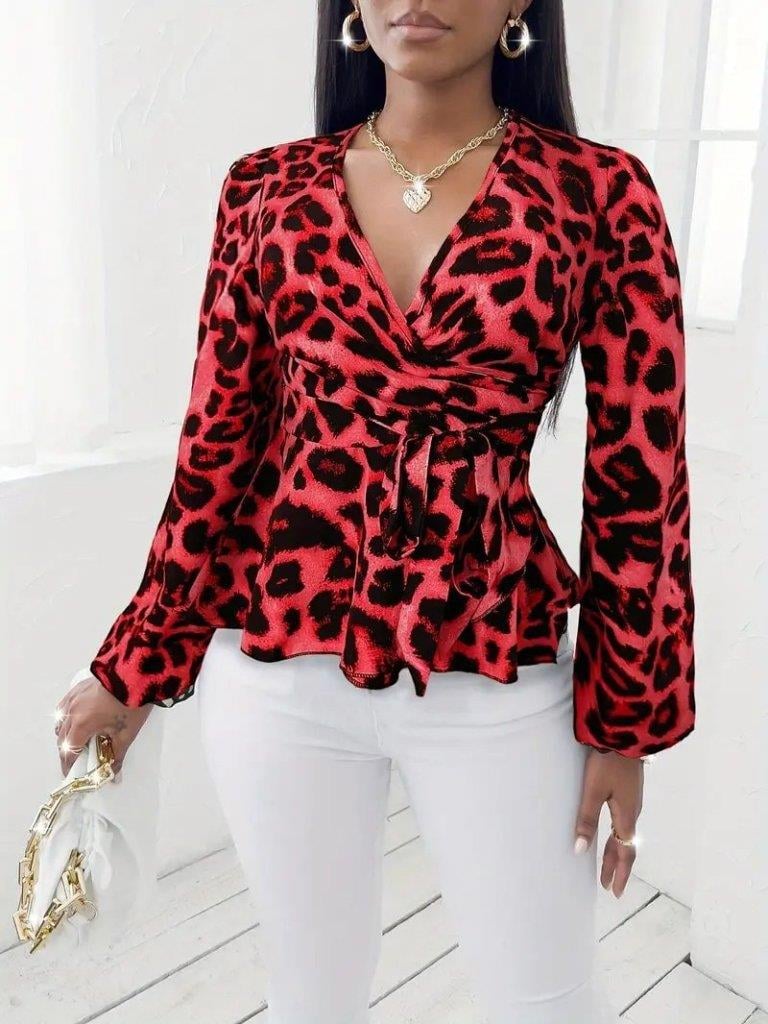 Kadın Uzun Kollu Kruvaze Yakalı Belden Kuşaklı Leopar Desenli Süprem Bluz
