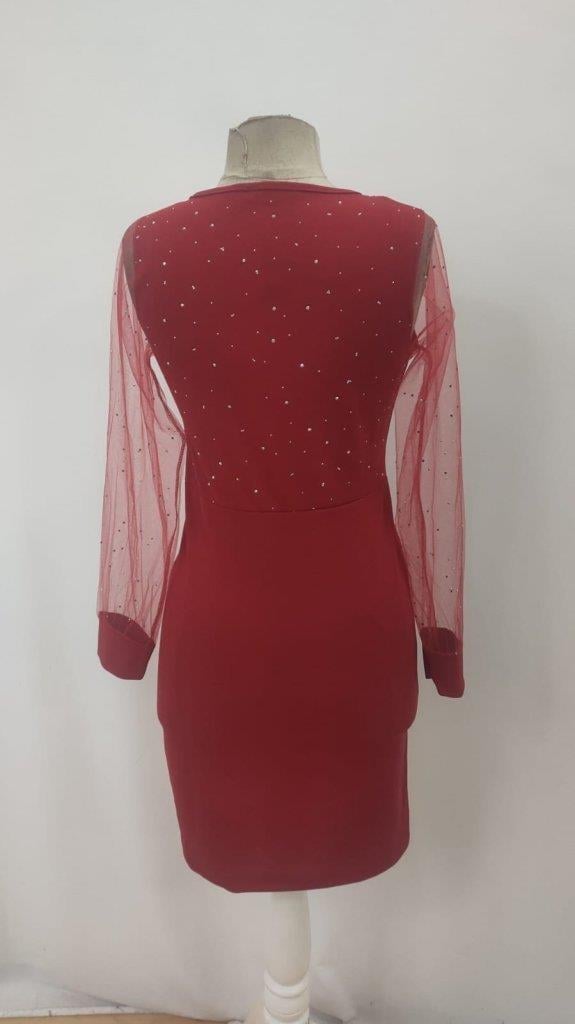 Kadın Uzun Kollu Kruvaze Yakalı Taşlı Mini Ithal Krep Elbise