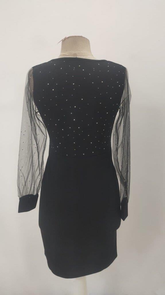 Kadın Uzun Kollu Kruvaze Yakalı Taşlı Mini Ithal Krep Elbise