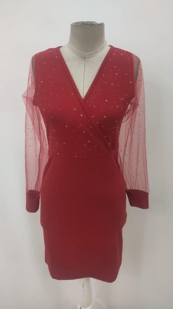 Kadın Uzun Kollu Kruvaze Yakalı Taşlı Mini Ithal Krep Elbise