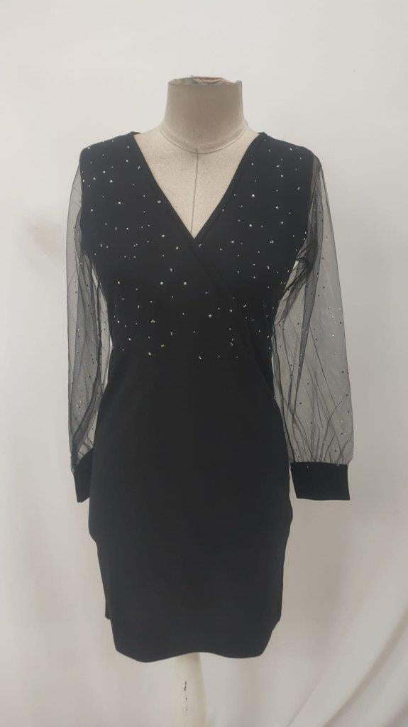 Kadın Uzun Kollu Kruvaze Yakalı Taşlı Mini Ithal Krep Elbise