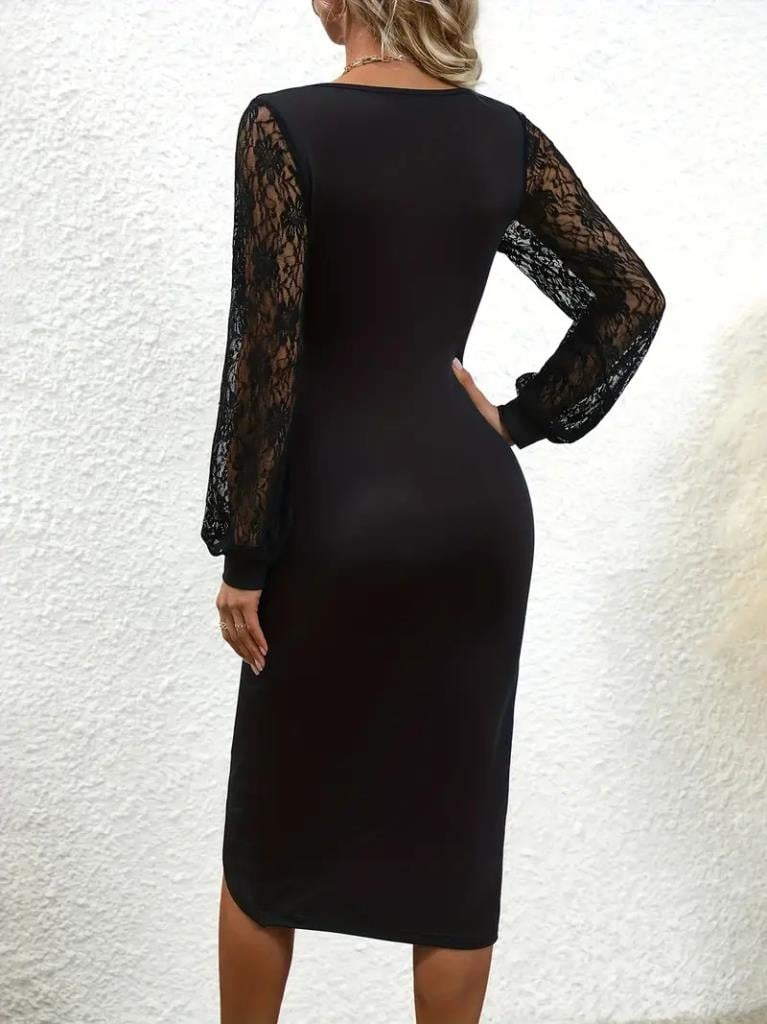 Kadın Uzun Kollu Kruvaze Yakalı Yandan Büzgülü çapraz Kesim Detaylı Midi Ithal Krep Elbise