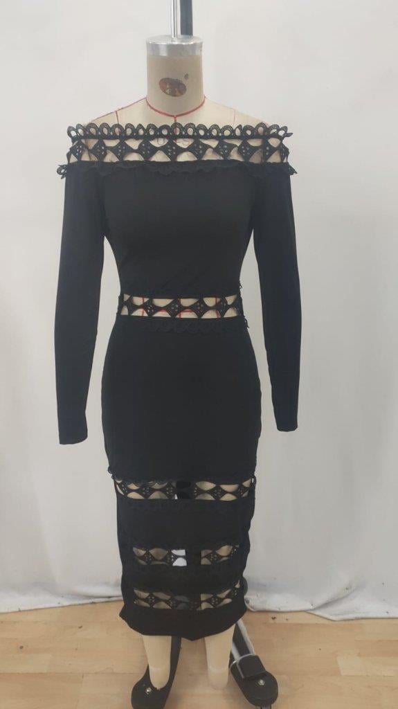 Kadın Uzun Kollu Madonna Dantel Yaka Yırtmaçlı Midi Dalgıç Elbise