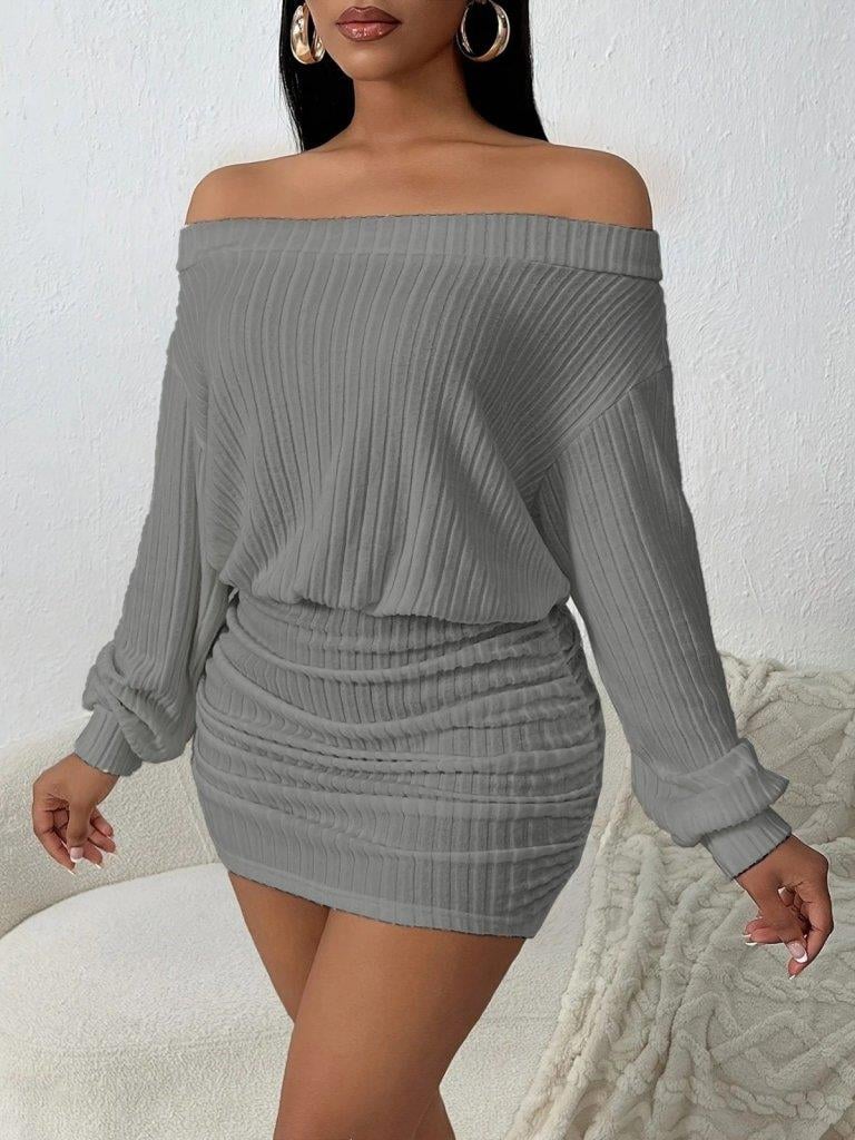 Kadın Uzun Kollu Madonna Yaka Yanlardan Büzgülü şardonlu Kaşkorse Mini Elbise