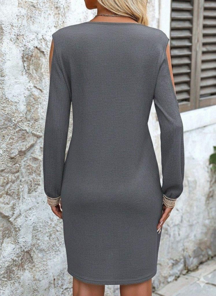 Kadın Uzun Kollu Omuzdan Açık V Dantel Yakalı Mini Waffle Elbise