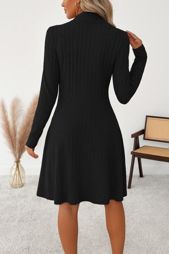 Kadın Uzun Kollu önden Fermuarlı Pileli şardonlu Kaşkorse Mini Elbise