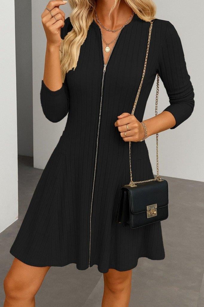 Kadın Uzun Kollu önden Fermuarlı Pileli şardonlu Kaşkorse Mini Elbise