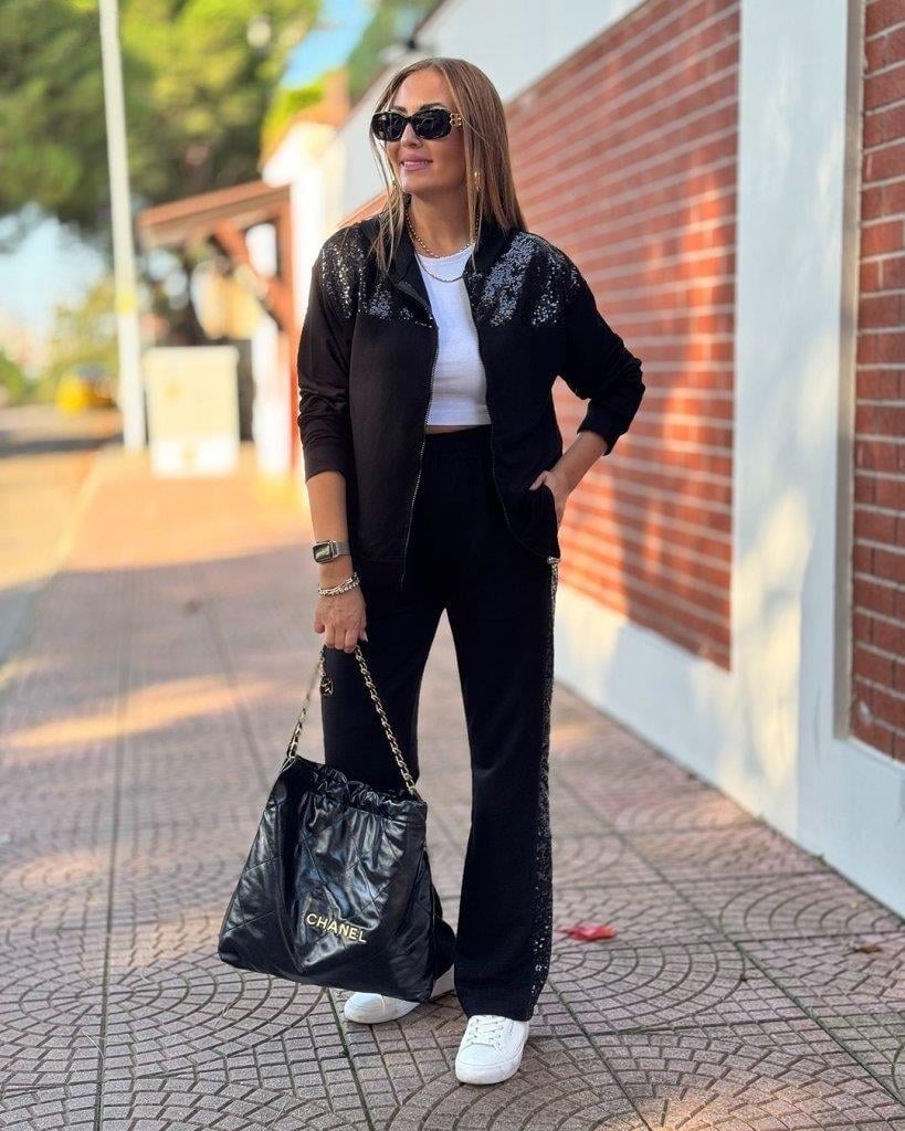 Kadın Uzun Kollu önden Fermuarlı Pul Payetli Alt üst Viskon Iki Iplik Takım