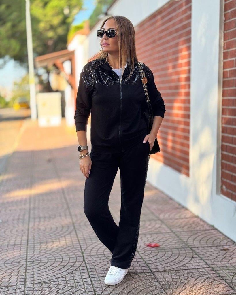 Kadın Uzun Kollu önden Fermuarlı Pul Payetli Alt üst Viskon Iki Iplik Takım