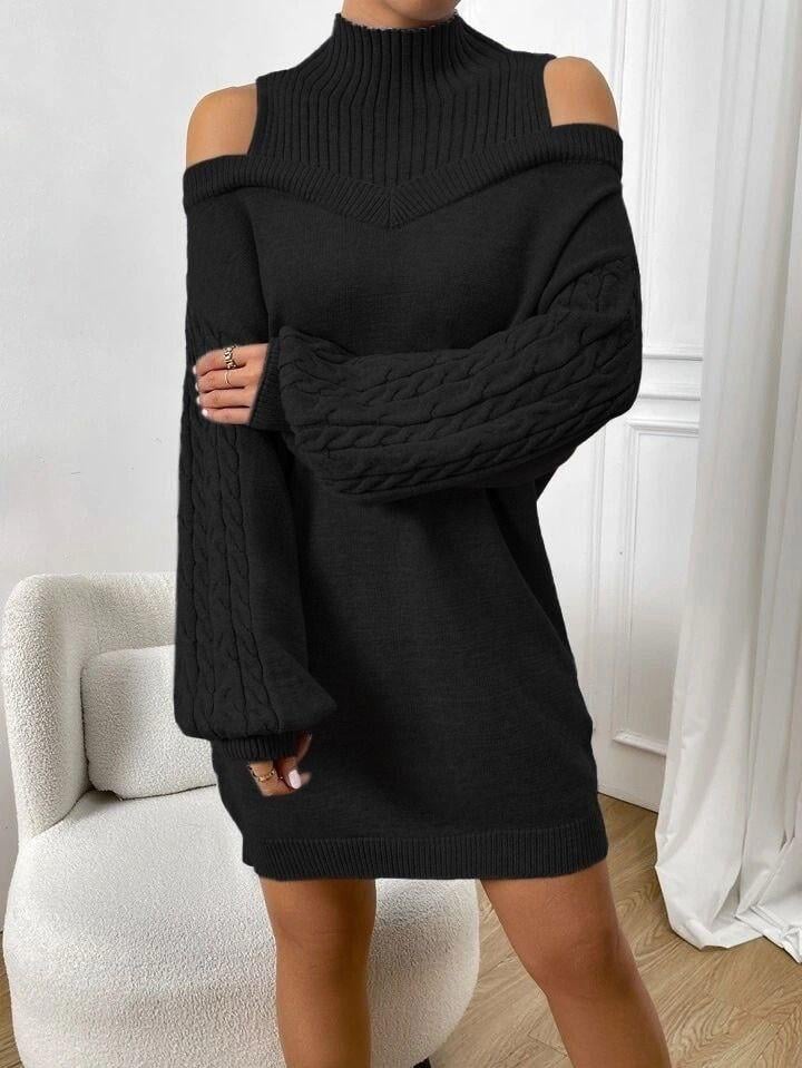 Kadın Uzun Kollu Saç örgü Balıkçı Yaka Omuz Detay Triko Elbise