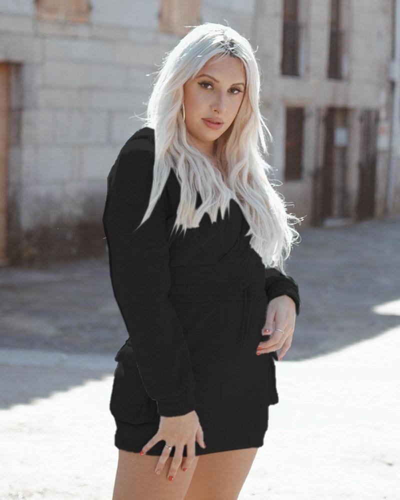 Kadın Uzun Kollu V Yakalı Kapşonlu Cep Detaylı şardonlu Iki Iplik Kısa Elbise