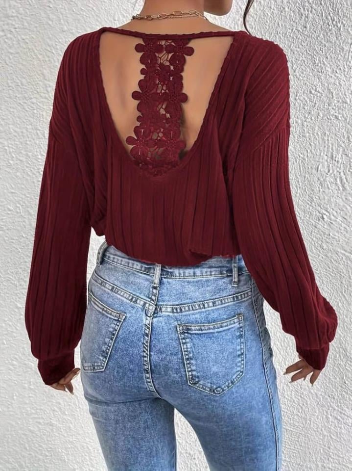 Kadın Uzun Kollu V Yakalı Pencere Sırt Dantel Detaylı Kaşkorse Kumaş Bluz