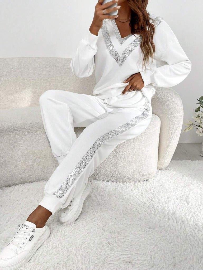 Kadın Uzun Kollu V Yakalı Pulpayetli Viskon Iki Iplik Bluz Ve Pantolon
