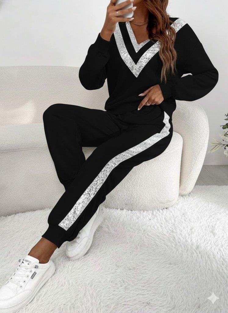 Kadın Uzun Kollu V Yakalı Pulpayetli Viskon Iki Iplik Bluz Ve Pantolon