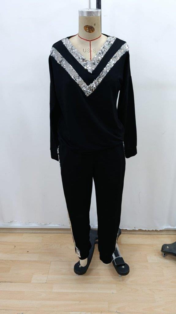 Kadın Uzun Kollu V Yakalı Pulpayetli Viskon Iki Iplik Bluz Ve Pantolon