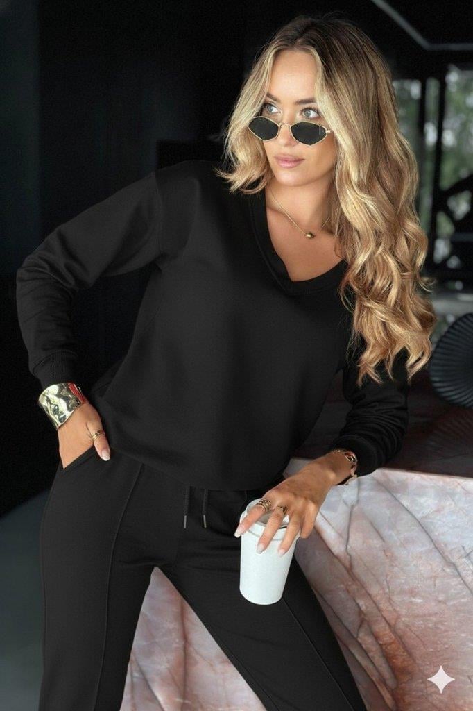 Kadın Uzun Kollu V Yakalı Viskon Iki Iplik Bluz Ve Pantolon Ikili Takım