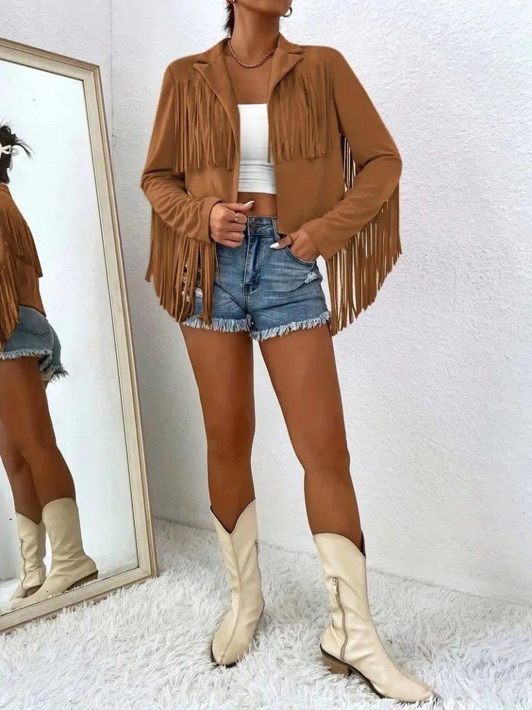 Kadın Uzun Kollu Yakalı Kısa Püsküllü Süet Ceket