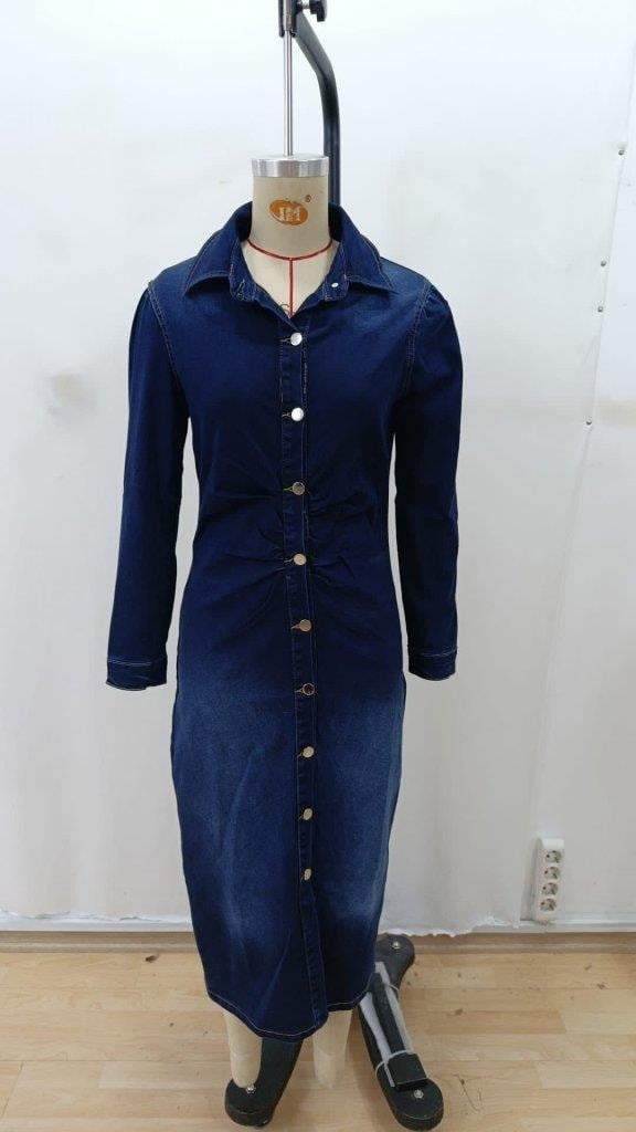 Kadın Uzun Kollu Yakalı önden Düğmeli Midi Kot Elbise