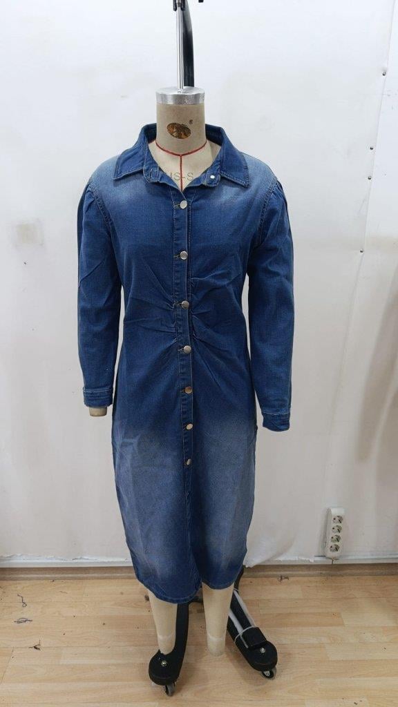 Kadın Uzun Kollu Yakalı önden Düğmeli Midi Kot Elbise