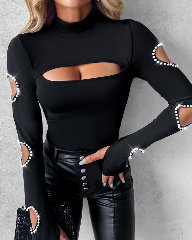 Kadın Uzun Kollu Yarı Balıkçı Yaka Pencere Detaylı Kolları Kalp Desen Taşlı Viskon Bluz