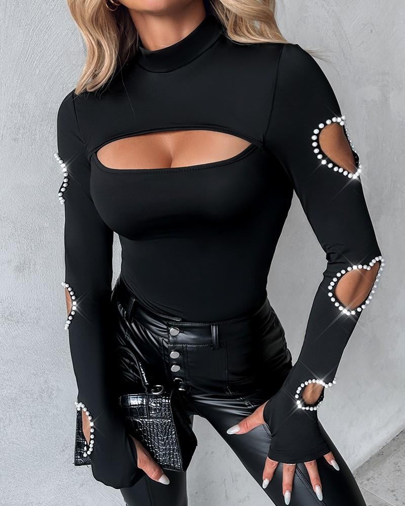 Kadın Uzun Kollu Yarı Balıkçı Yaka Pencere Detaylı Kolları Kalp Desen Taşlı Viskon Bluz