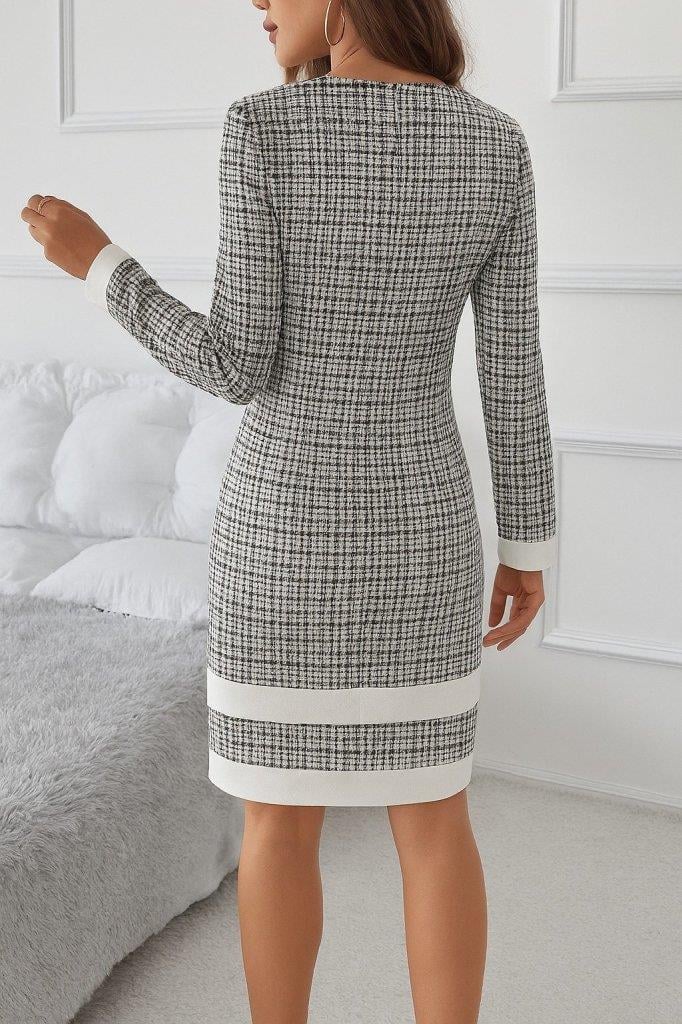 Kadın Uzun Kollu Yuvarlak Yaka Etek Ucu şerit Detaylı Mini Dokuma Elbise