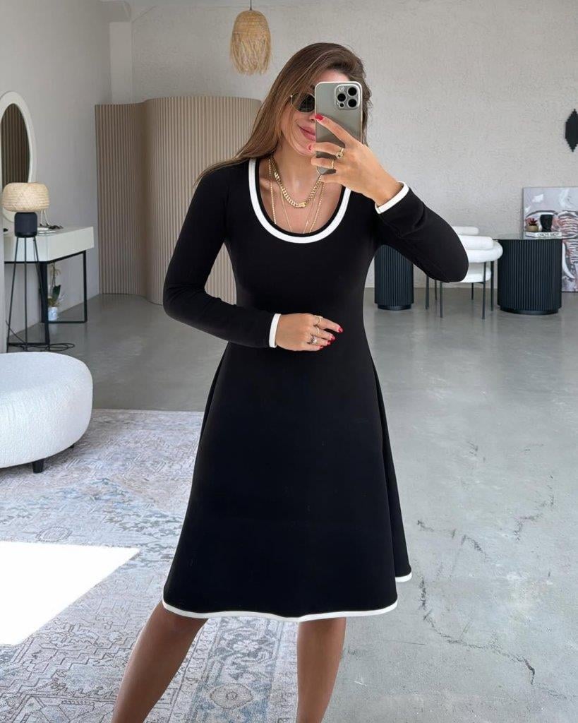 Kadın Uzun Kollu Yuvarlak Yaka Midi Viskon Iki Iplik Elbise