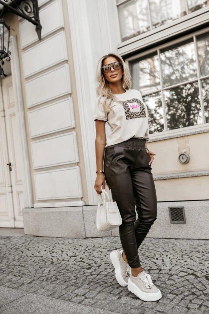 Kadın Yüksek Bel Lastikli Cepli Deri Pantolon