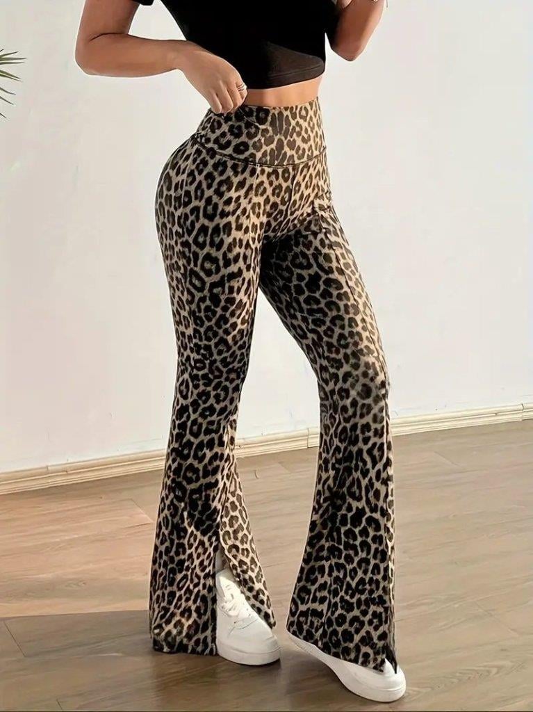 Kadın Yüksek Bel Leopar Desenli Yırtmaçlı Dalgıç Tayt