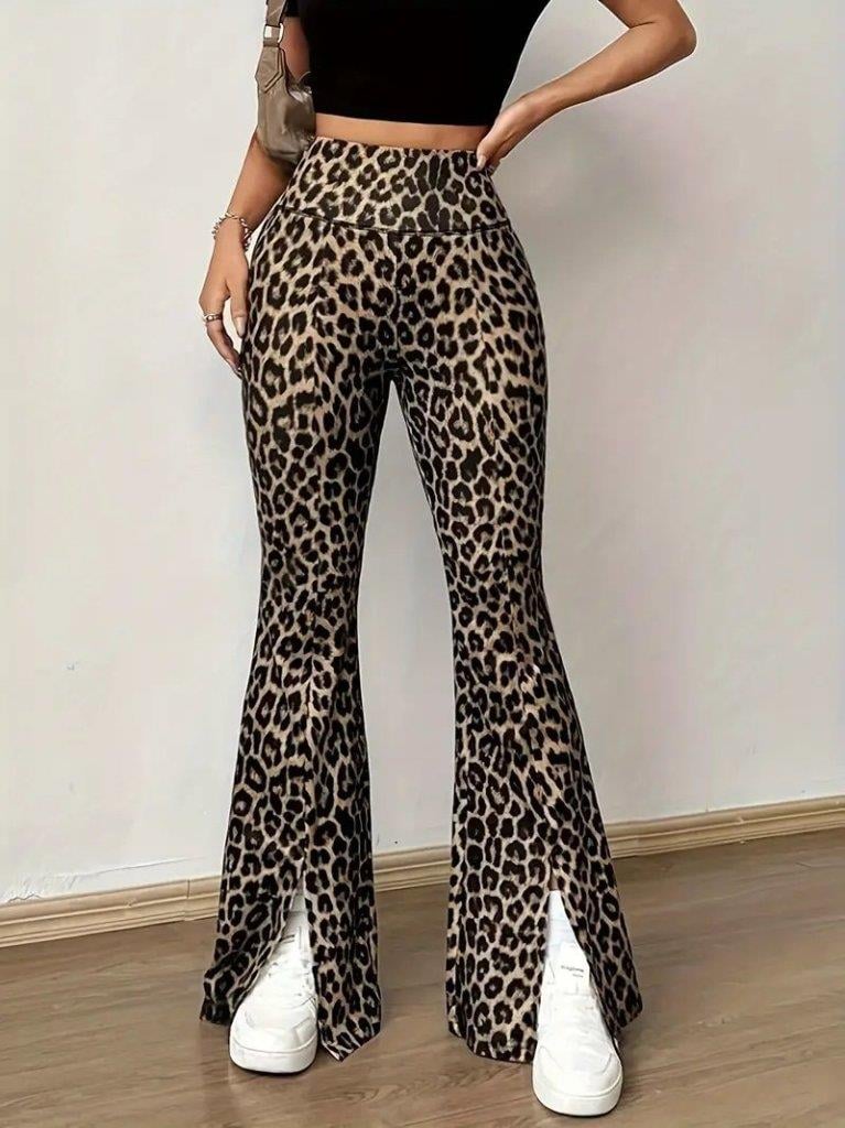 Kadın Yüksek Bel Leopar Desenli Yırtmaçlı Dalgıç Tayt