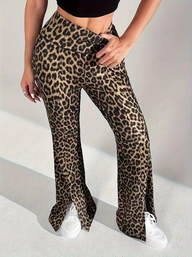 Kadın Yüksek Bel Leopar Desenli Yırtmaçlı Dalgıç Tayt