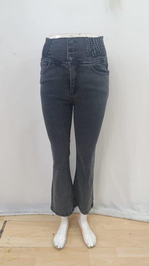 Kadın Yüksek Bel Yanları Lastik önü Düğmeli Kot Pantolon